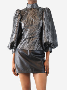 Ganni Silver puff-sleeved metallic blouse - size UK 6