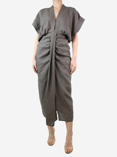 Grey gathered plunge-neck linen dress - size S Dresses Piece of White 