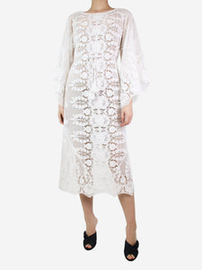 Miguelina White belted wide-sleeved lace midi cover-up - size UK 10