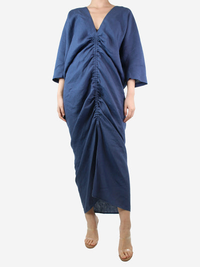 Blue linen gathered v-neck dress - size XS Dresses Piece of White 