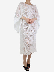 Miguelina White belted wide-sleeved lace midi cover-up - size UK 10