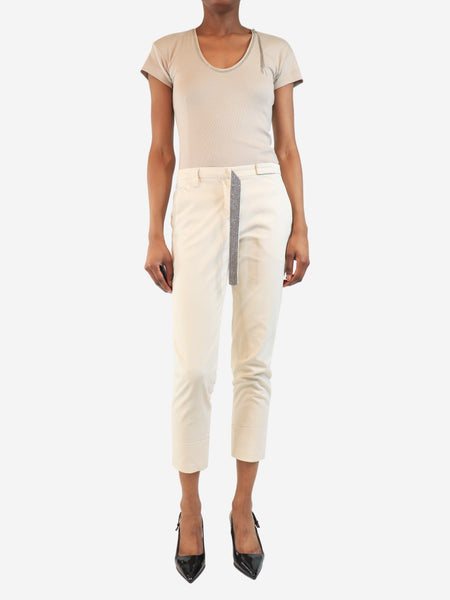 White slim-leg trousers with diamante belt - size UK 6 alternate image
