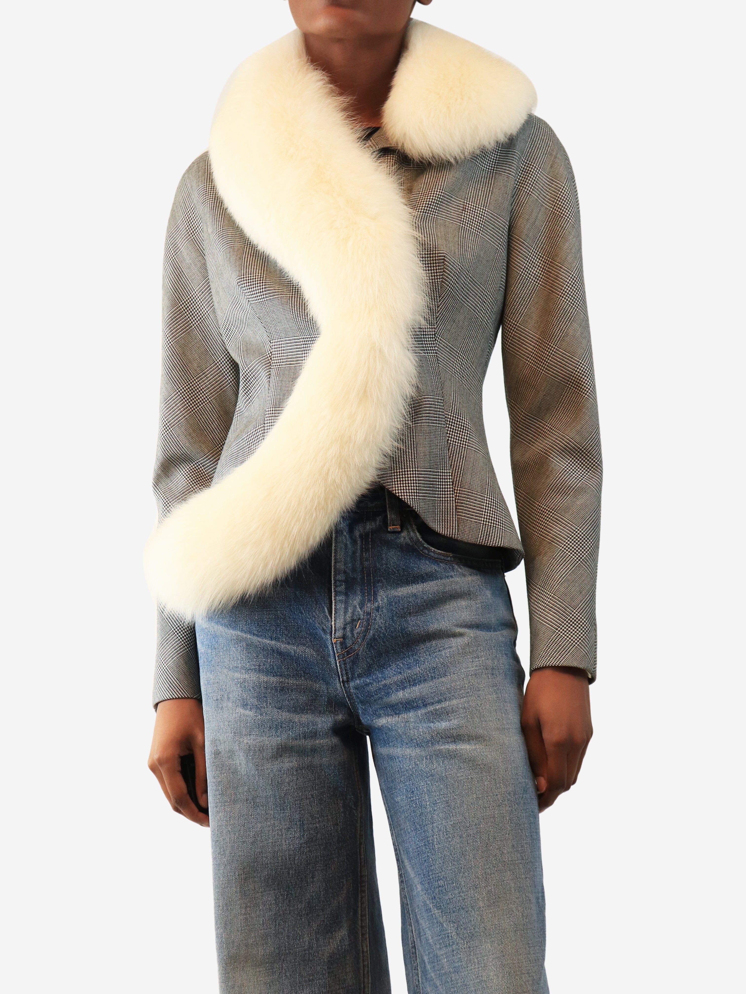Grey houndstooth cropped fur collared jacket - size UK 10