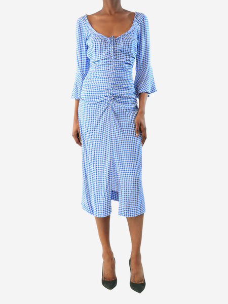 Blue and white gingham ruched midi dress - size UK 6 product image