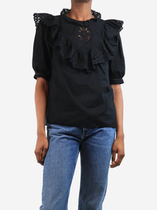 Rebecca Taylor Black broderie anglaise ruffle blouse - size UK 6