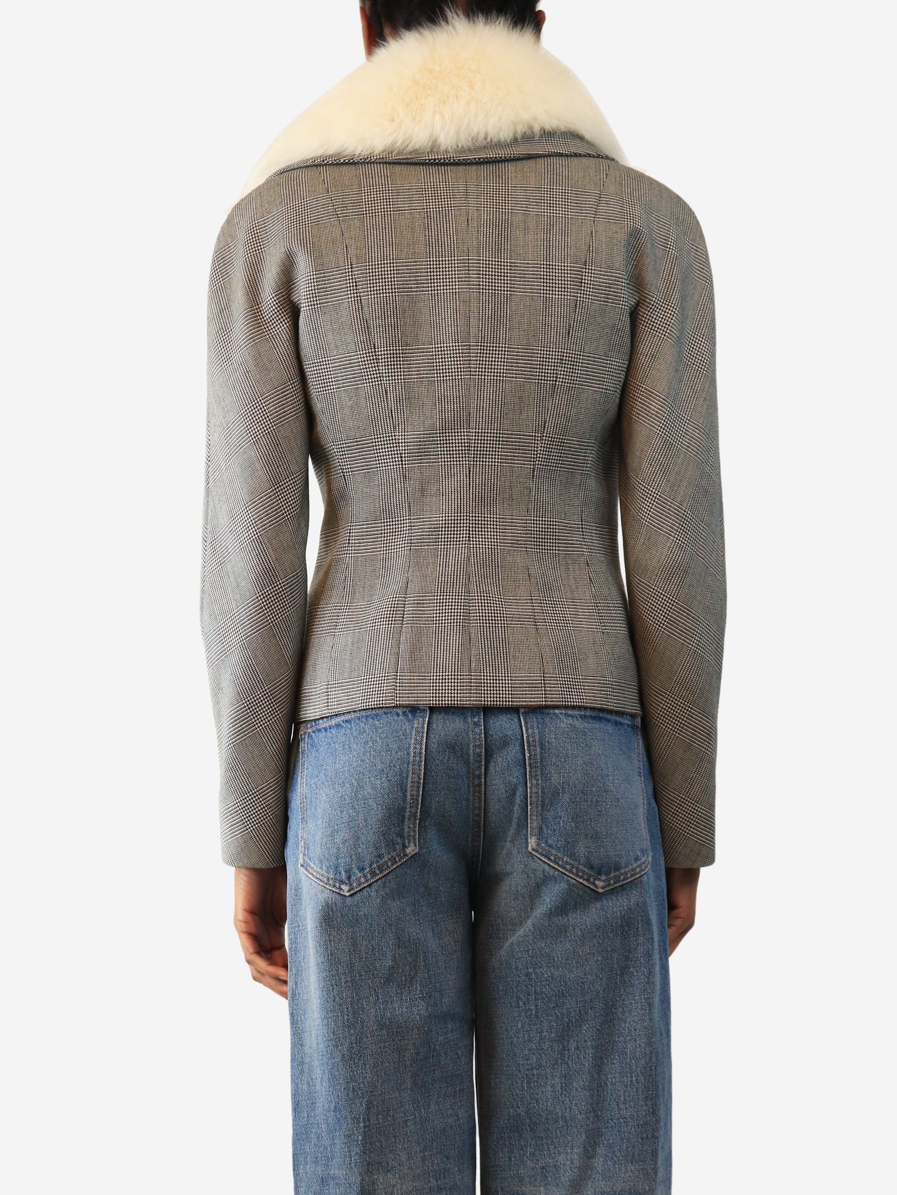 Grey houndstooth cropped fur collared jacket - size UK 10