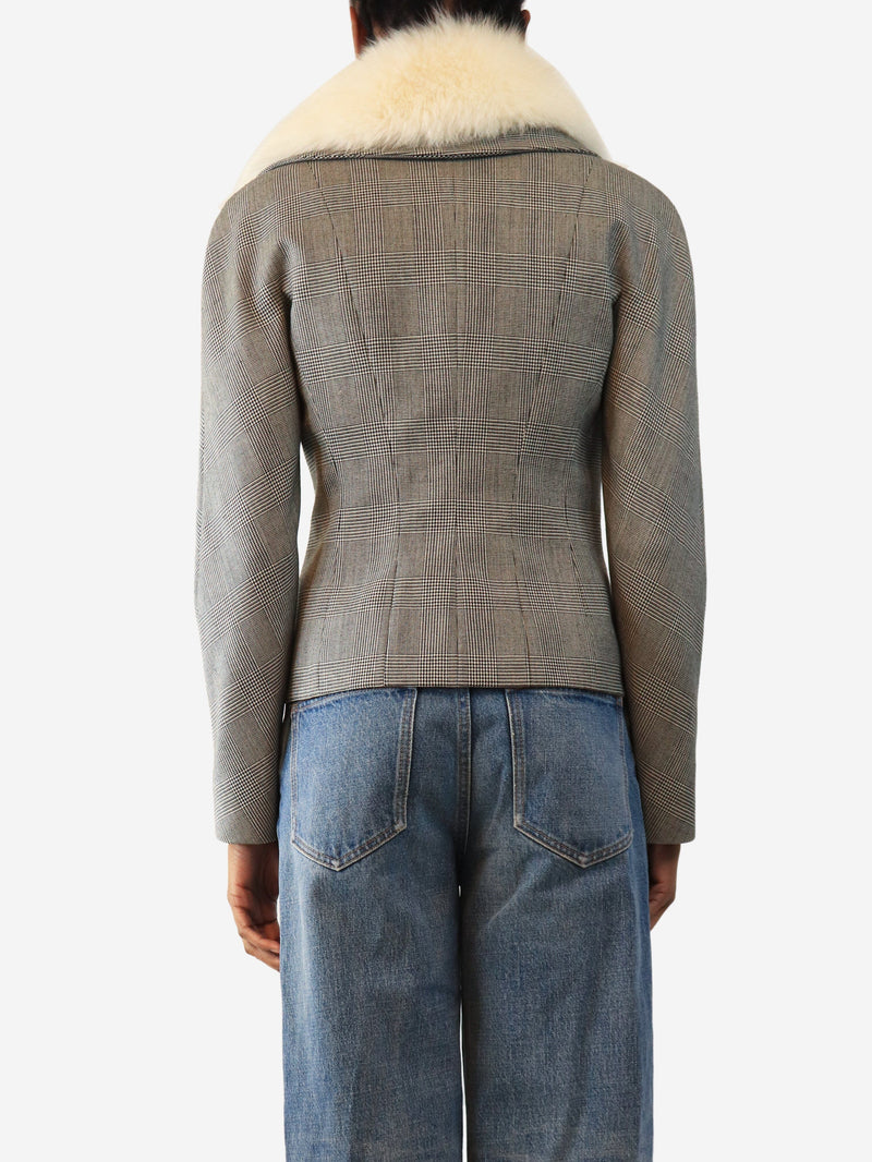 Grey houndstooth cropped fur collared jacket - size UK 10