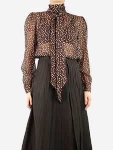 Saint Laurent Brown sheer polka dot neck-tie blouse - size UK 8