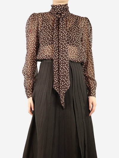 Brown sheer polka dot neck-tie blouse - size UK 8 Tops Saint Laurent 