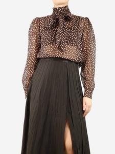 Saint Laurent Brown sheer polka dot neck-tie blouse - size UK 8