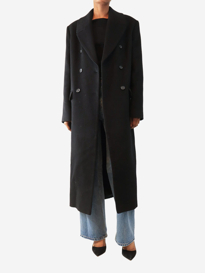 Black cashmere double-breasted long coat - size UK 6
