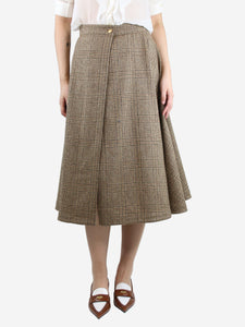 Celine Brown checkered wool A-line midi skirt - size UK 8