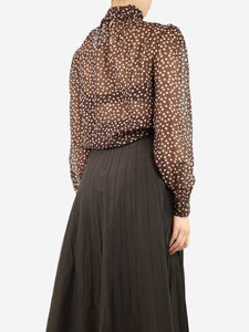 Saint Laurent Brown sheer polka dot neck-tie blouse - size UK 8