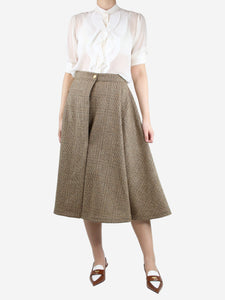 Celine Brown checkered wool A-line midi skirt - size UK 8