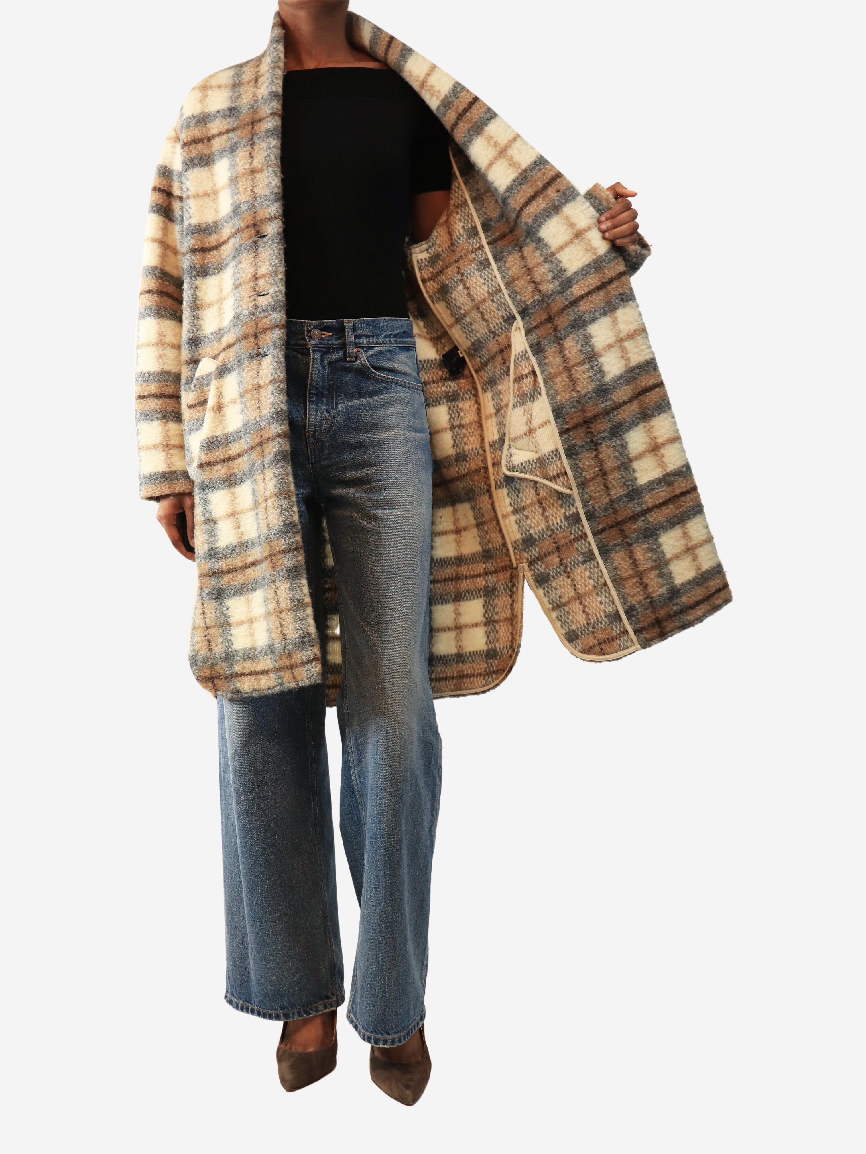 Beige check wool-blend coat - size UK 6