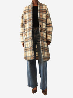 Beige check wool-blend coat - size UK 6