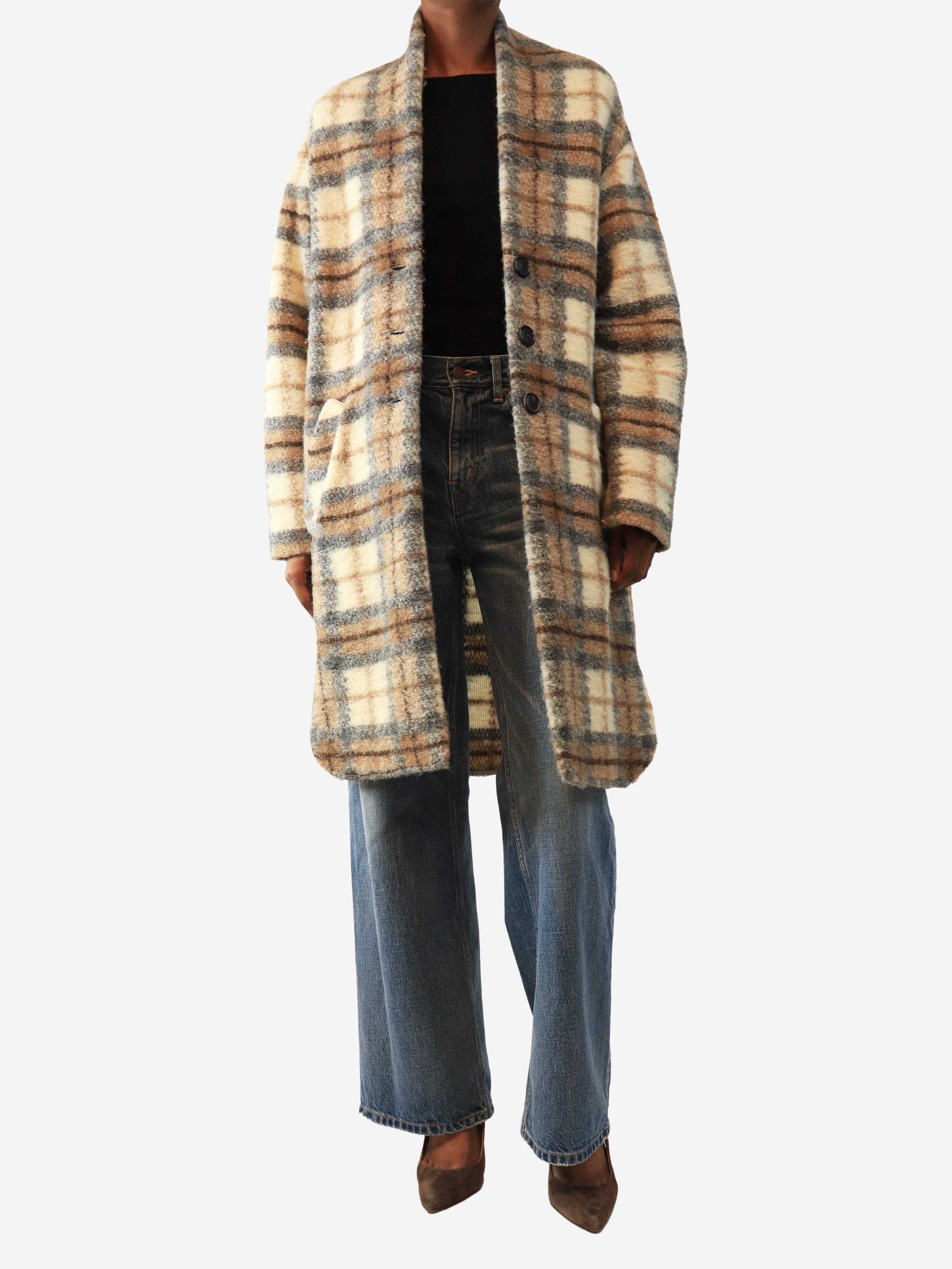 Beige check wool-blend coat - size UK 6