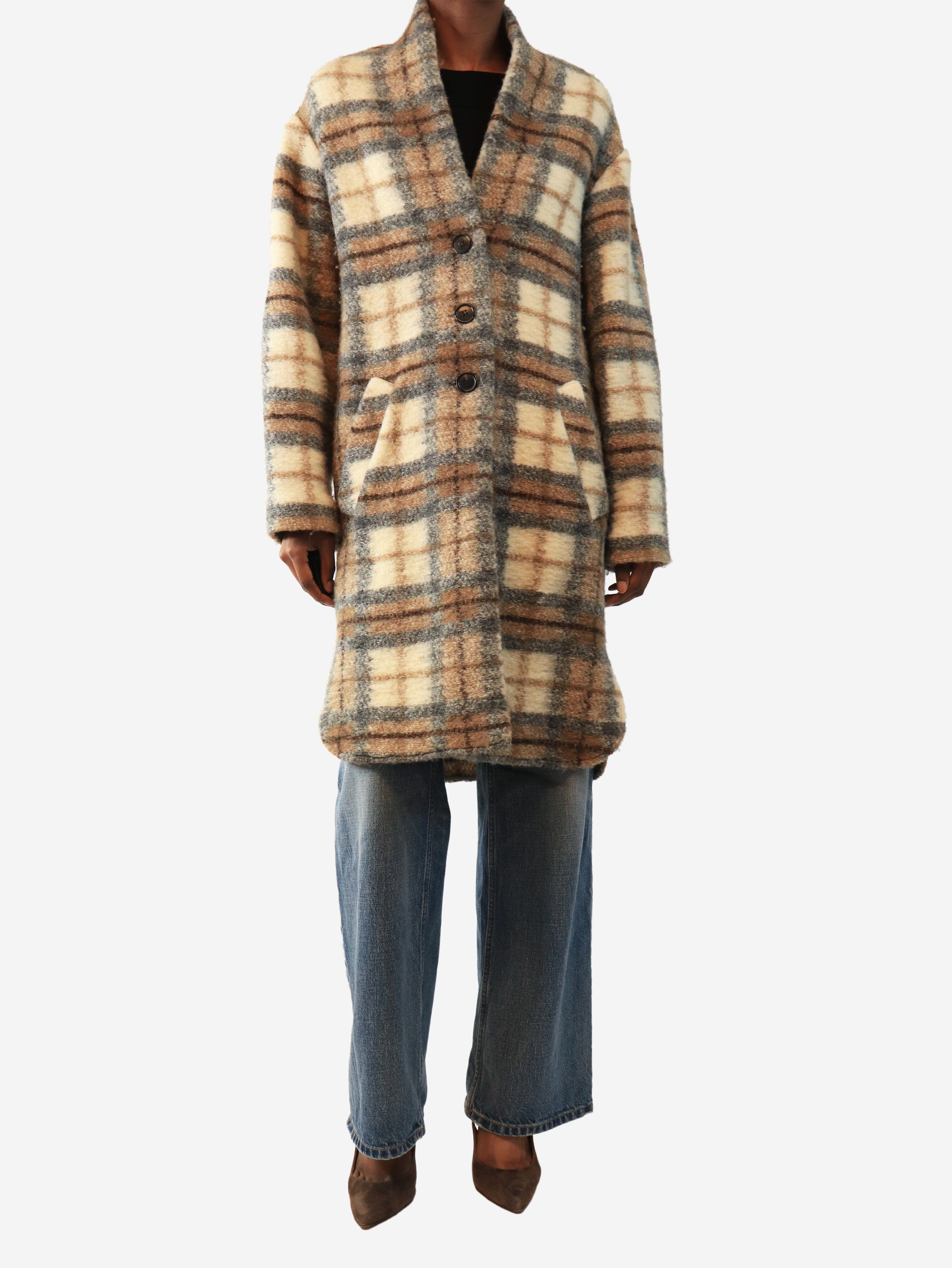 Beige check wool-blend coat - size UK 6