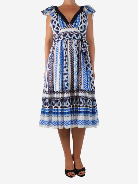 Blue and white cotton printed midi dress - size UK 12 product image