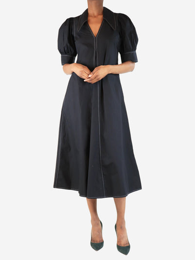 Black cotton poplin v-neck midi dress - size UK 4