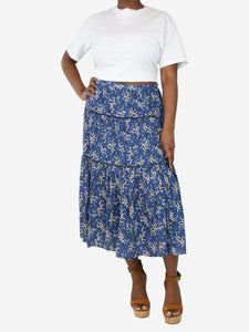 Ulla Johnson Blue floral tiered midi skirt - size UK 14