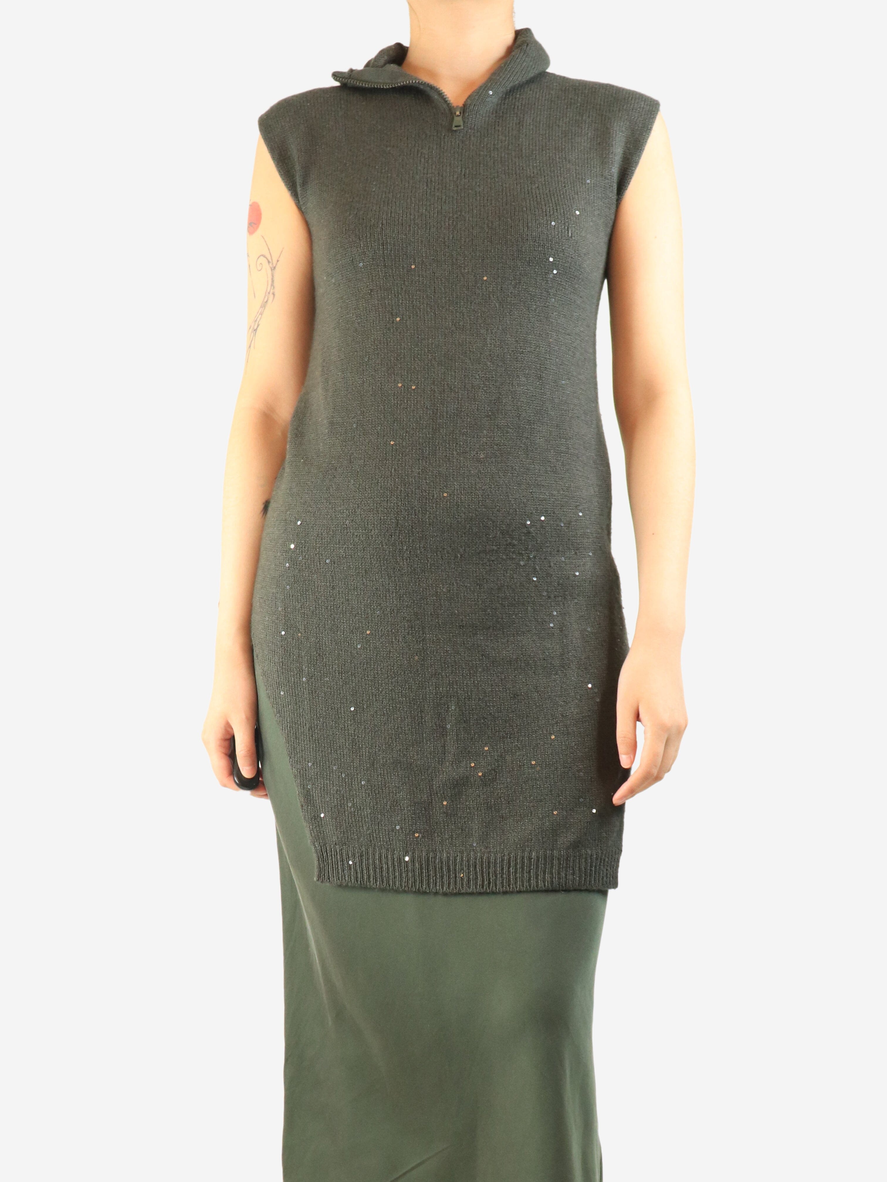 Dark green sleeveless sequin turtleneck knit top - size S Tops Brunello Cucinelli 