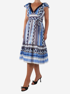 Temperley Blue and white cotton printed midi dress - size UK 12