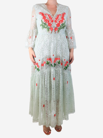 Light teal lace embroidered maxi dress - size UK 14 Dresses Temperley 