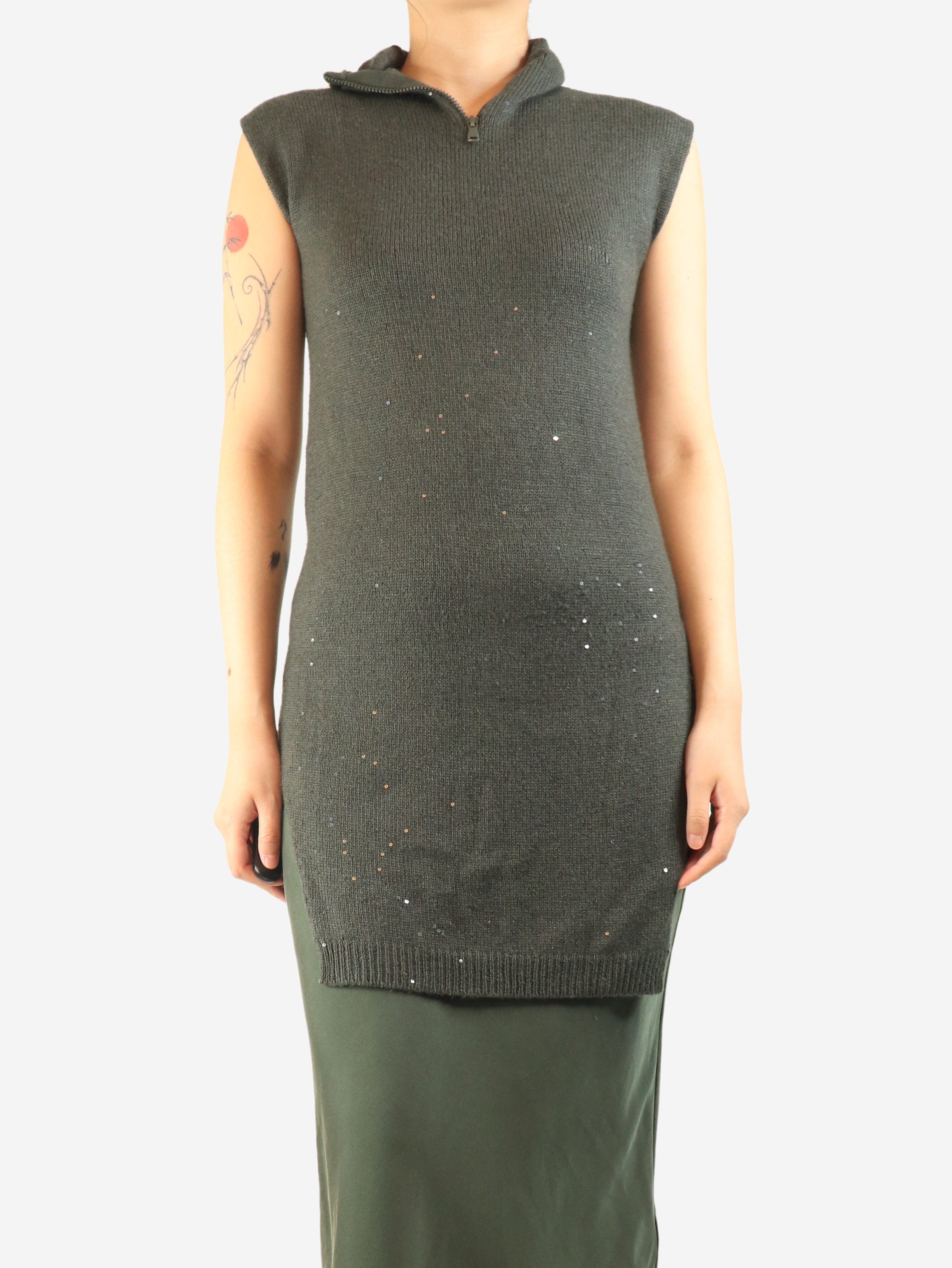 Dark green sleeveless sequin turtleneck knit top - size S Tops Brunello Cucinelli 