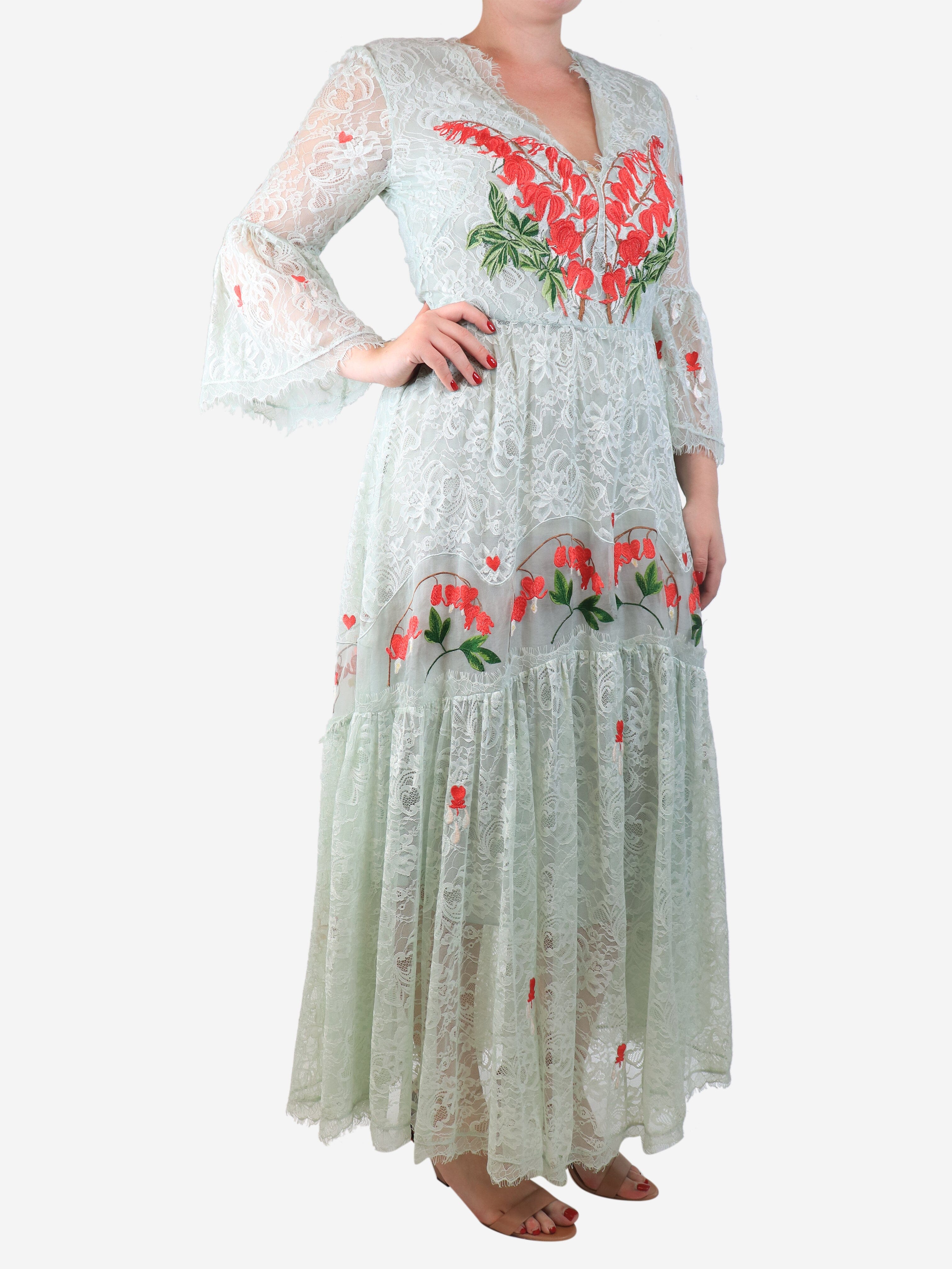 Light teal lace embroidered maxi dress - size UK 14 Dresses Temperley 
