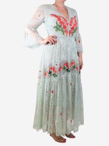 Temperley Light teal lace embroidered maxi dress - size UK 14