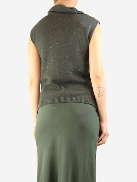 Dark green sleeveless sequin turtleneck knit top - size S alternate image