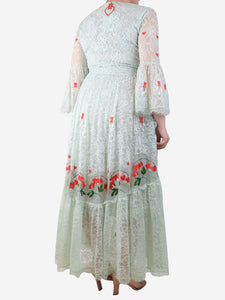Temperley Light teal lace embroidered maxi dress - size UK 14