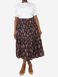 Ulla Johnson Navy blue floral tiered midi skirt - size UK 14