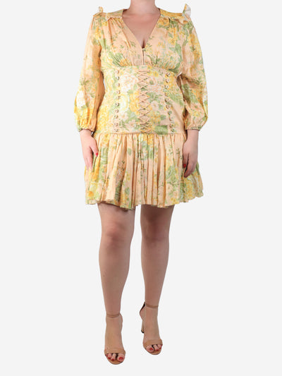 Pink linen floral printed mini dress - size UK 14 Dresses Zimmermann 
