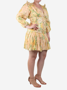 Zimmermann Pink linen floral printed mini dress - size UK 14