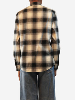 Cream and grey embellished plaid button-up shirt - size UK 6