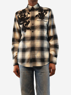 Cream and grey embellished plaid button-up shirt - size UK 6