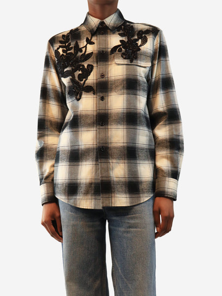 Cream and grey embellished plaid button-up shirt - size UK 6 product image