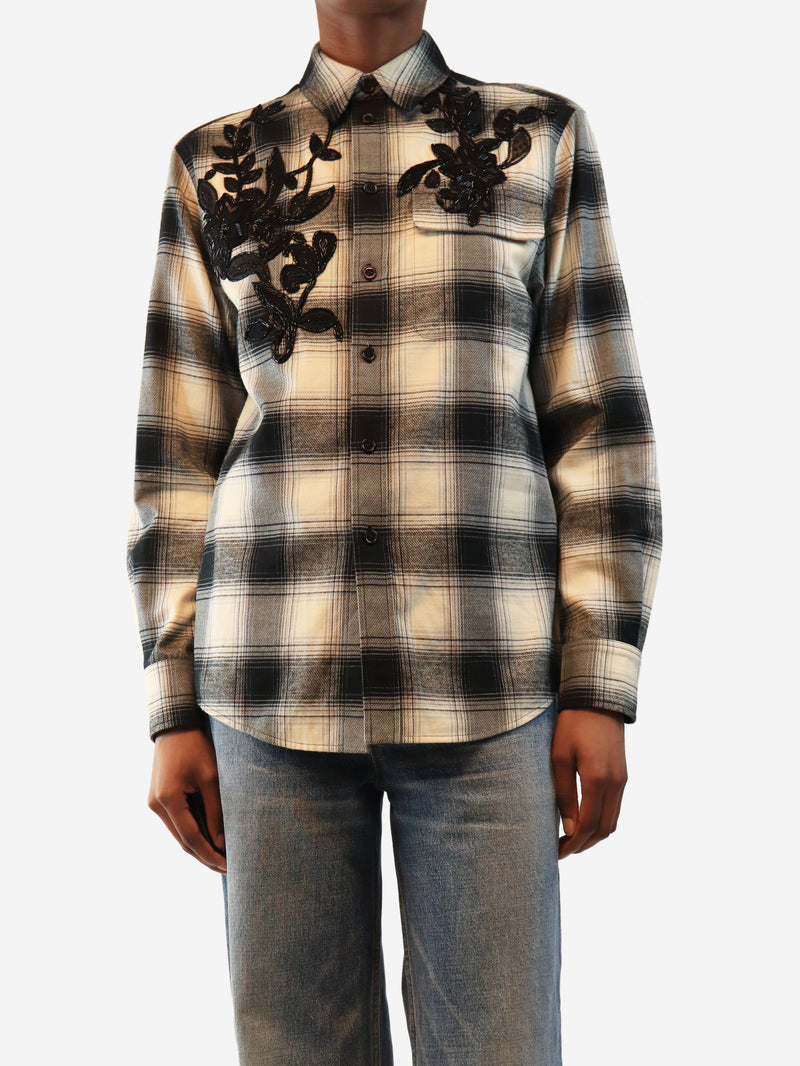 Cream and grey embellished plaid button-up shirt - size UK 6