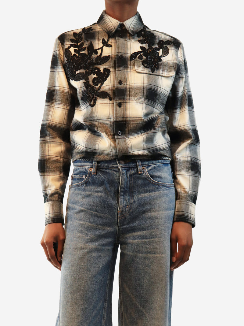 Cream and grey embellished plaid button-up shirt - size UK 6