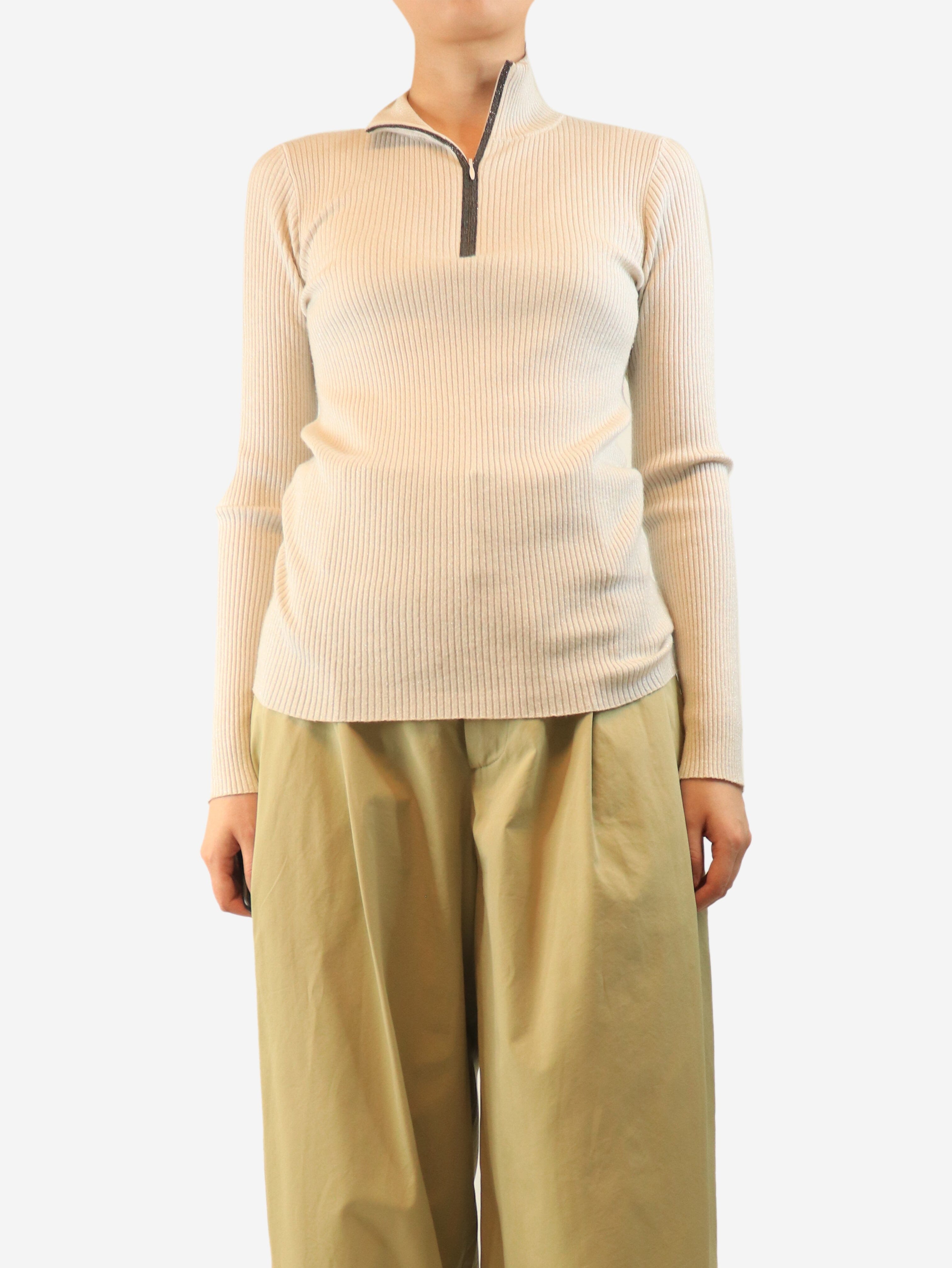 Cream glitter ribbed quarter zip jumper Knitwear Brunello Cucinelli 