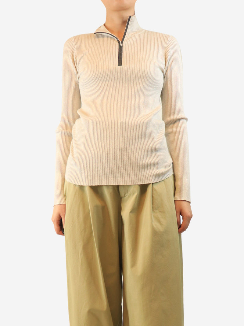 Cream glitter ribbed quarter zip jumper Knitwear Brunello Cucinelli 
