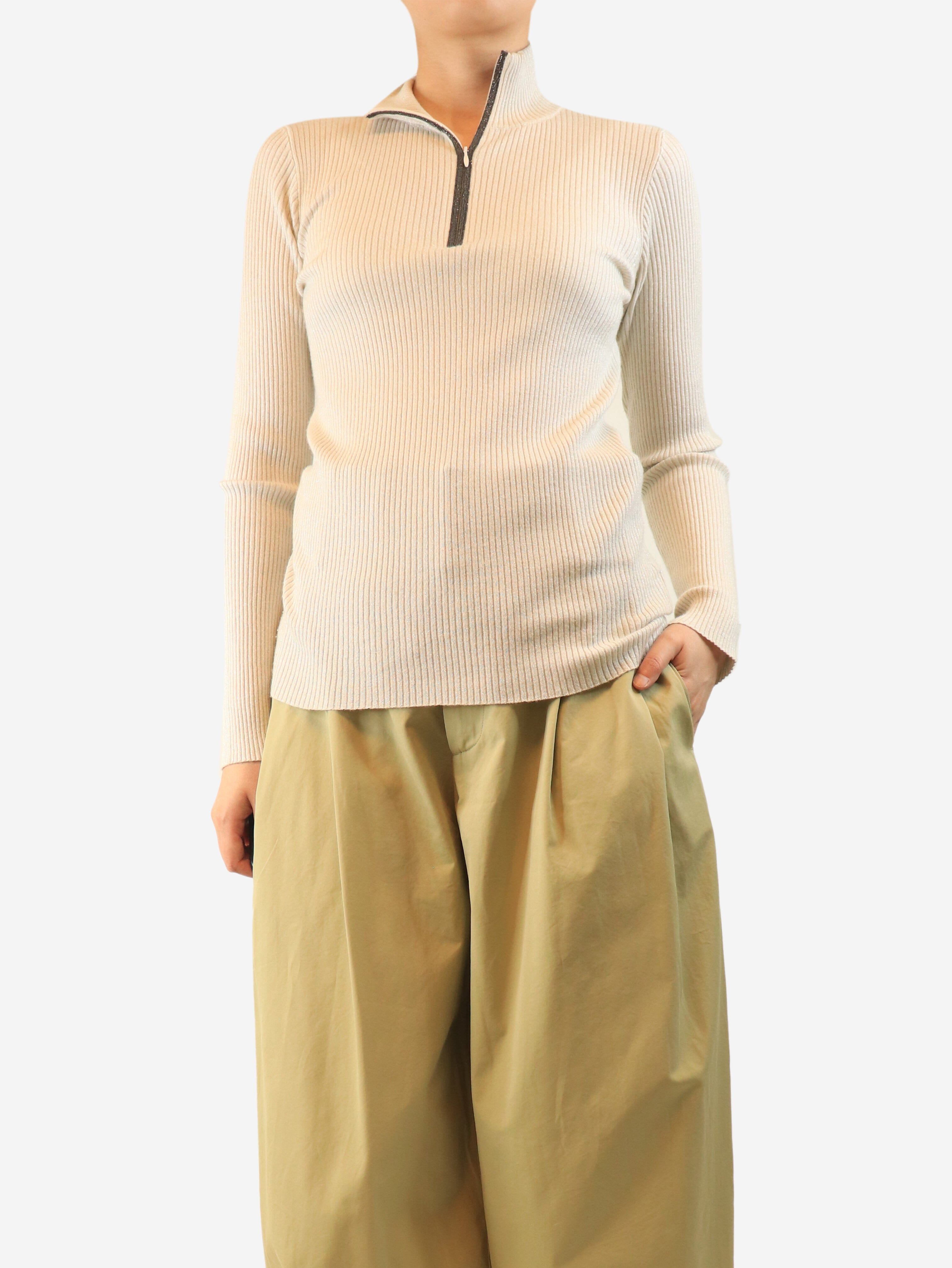 Cream glitter ribbed quarter zip jumper Knitwear Brunello Cucinelli 