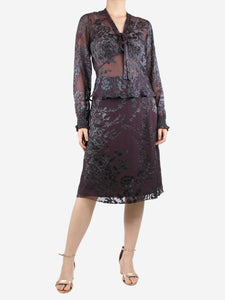 Max Mara Deep purple floral applique top and skirt set - size UK 8