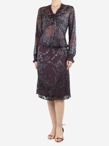 Max Mara Deep purple floral applique top and skirt set - size UK 8