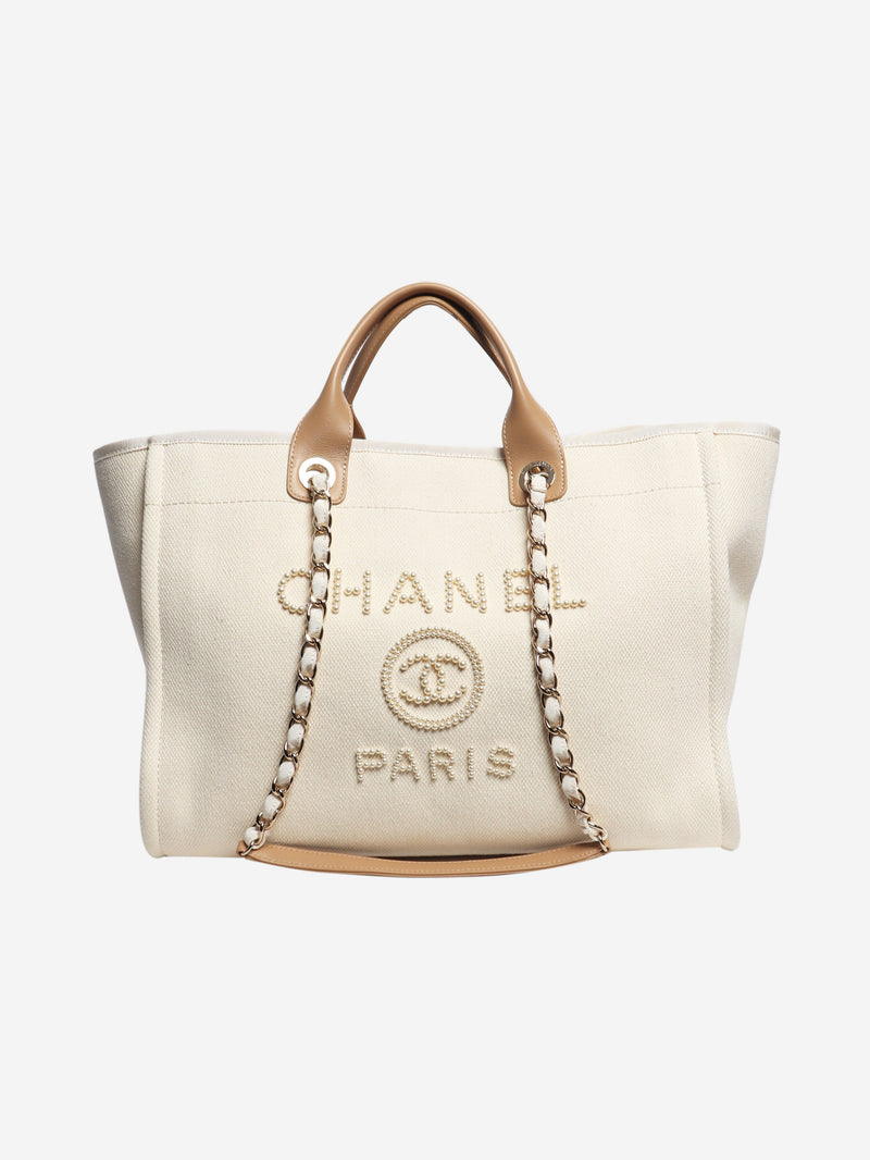 Cream 2019 Deauville pearl-embellished canvas tote bag Tote Bags Chanel 