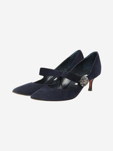 Manolo Blahnik Navy blue suede bejewelled-buckle pumps - size EU 42