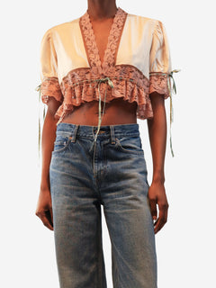 Softy pink lace-trim cropped tie-top - size UK 8
