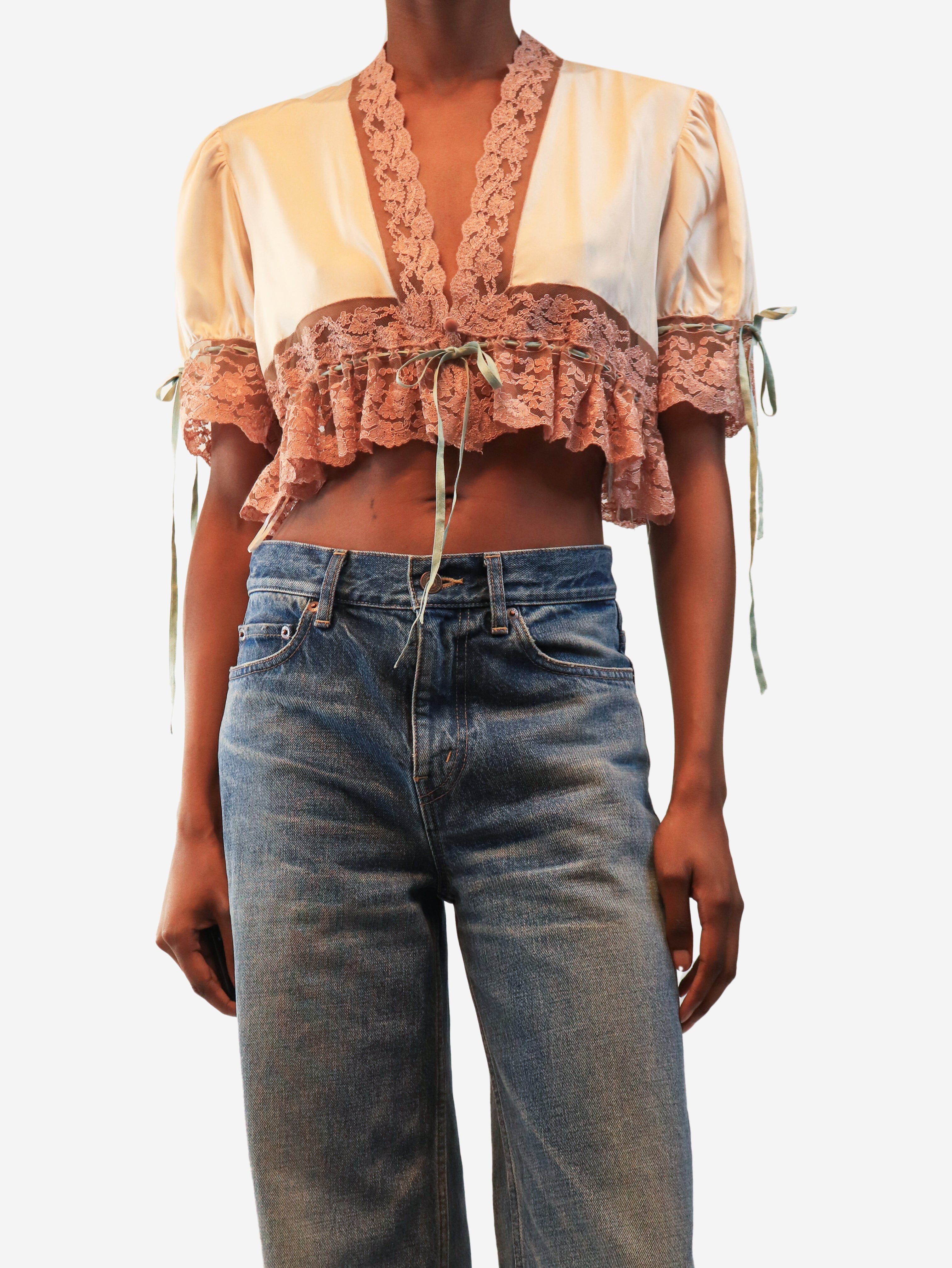 Softy pink lace-trim cropped tie-top - size UK 8